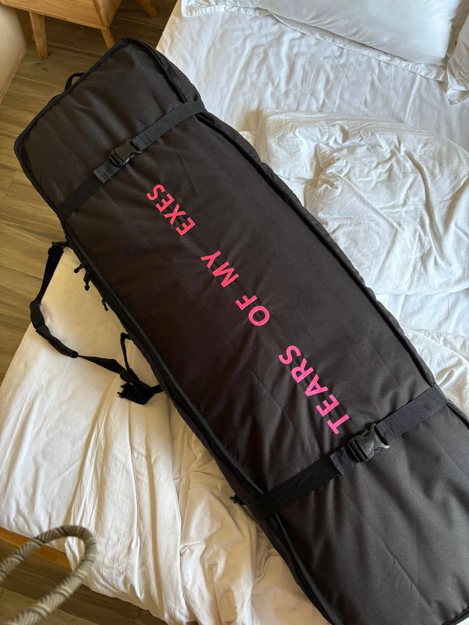 Packed board bag for a kitesurfing trip to Vietnam